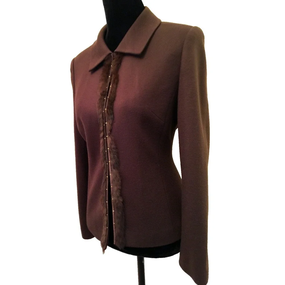 Topami Womens Blazer Jacket Size 40 EU Brown Collared Fur Trimmed Embellished‎